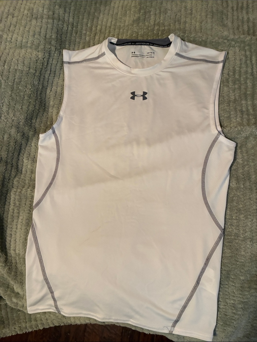 Under Armour White Sleeveless Athletic Compression Top with Gray Logo